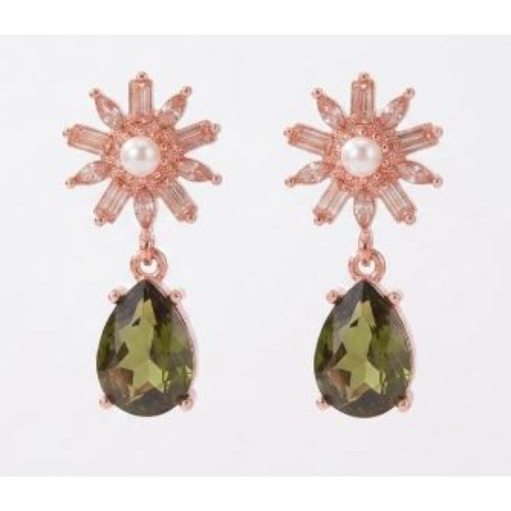 Anthropologie Womens's Pearl Burst Emerald Teardrop Statement Earrings NOB 78